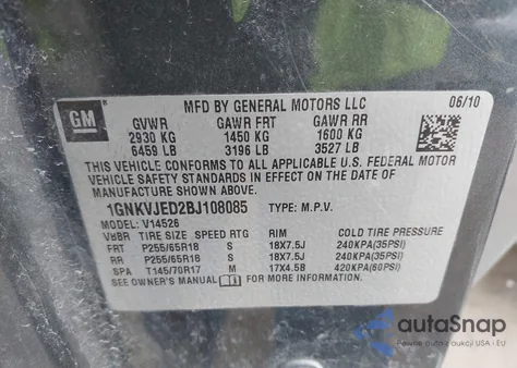 2011 Chevrolet Traverse 2Lt z USA, uszkodzony, nr VIN 1GNKVJED2BJ108085